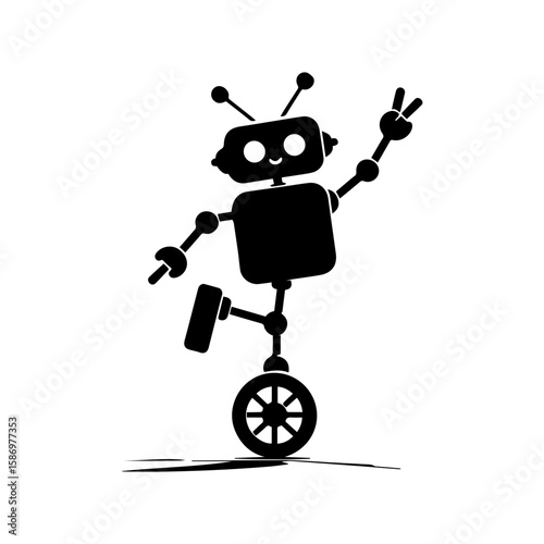 A cheerful robot dancing with one wheel and antennas