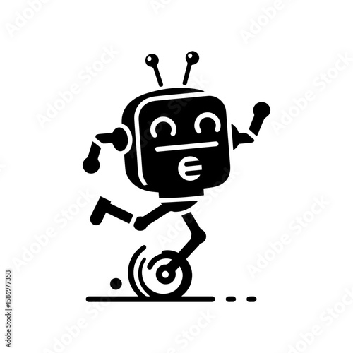 A cheerful robot dancing with one wheel and antennas