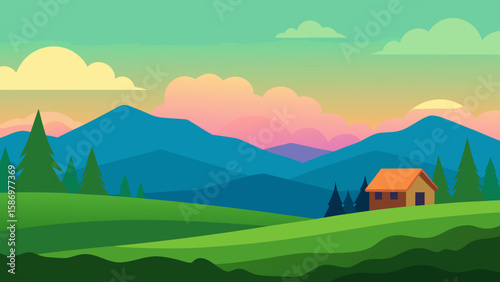 Vector Illustration Background Scene Tranquil Countryside Peaceful Calm Serene