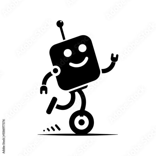A cheerful robot dancing with one wheel and antennas