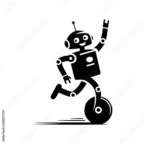 A cheerful robot dancing with one wheel and antennas