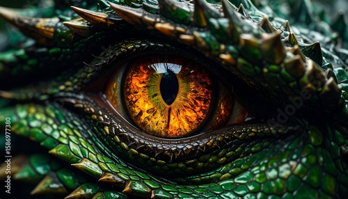 Close-up dragon eye, scales, and spikes
