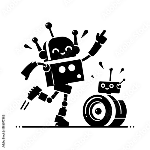 A cheerful robot dancing with one wheel and antennas