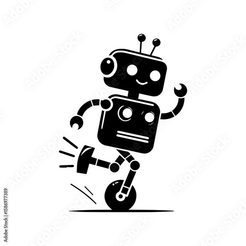A cheerful robot dancing with one wheel and antennas