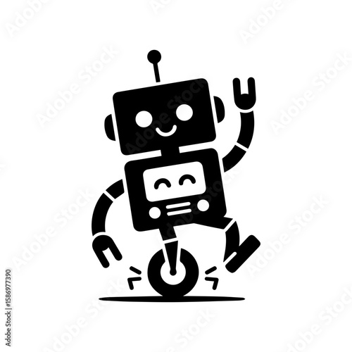 A cheerful robot dancing with one wheel and antennas