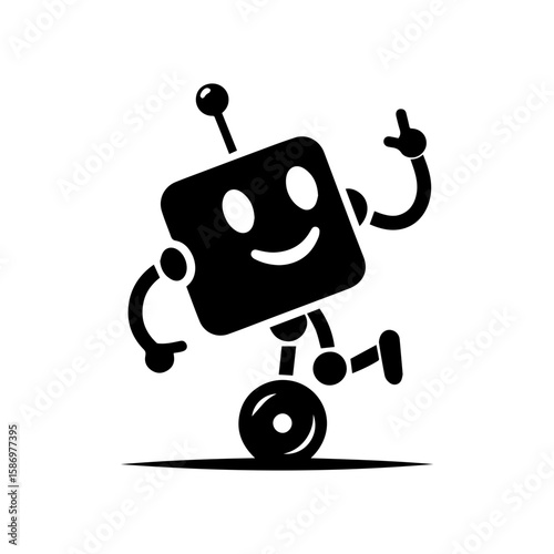 A cheerful robot dancing with one wheel and antennas