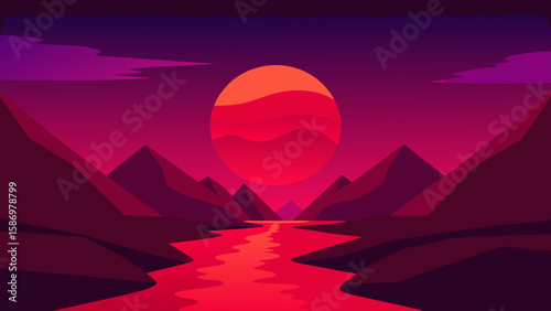 Desolate Alien Valley Bold Red Sky Sharply Defined Futuristic Landscape