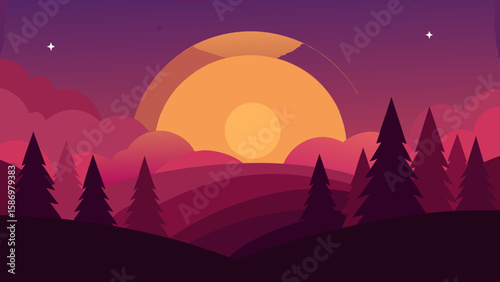 Tranquil Flat Design Background Scene Evening Peaceful Serene Artistic Landscape