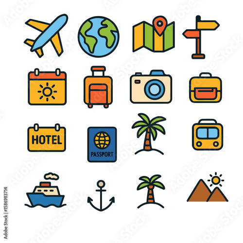 Travel and Vacation Icons Set in Colorful Flat Style
