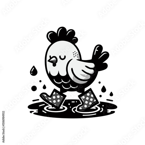 A chicken wearing polka-dot rain boots in a puddle