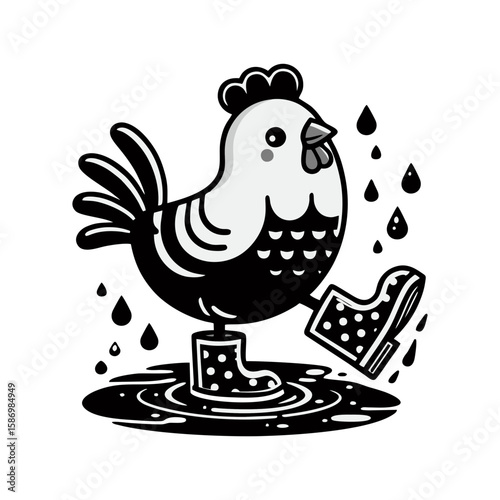 A chicken wearing polka-dot rain boots in a puddle