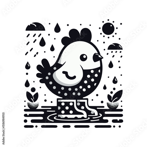 A chicken wearing polka-dot rain boots in a puddle