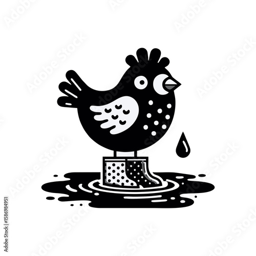 A chicken wearing polka-dot rain boots in a puddle