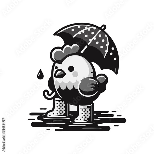 A chicken wearing polka-dot rain boots in a puddle