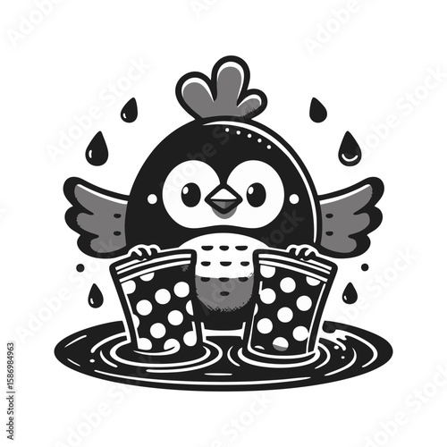 A chicken wearing polka-dot rain boots in a puddle