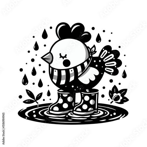 A chicken wearing polka-dot rain boots in a puddle