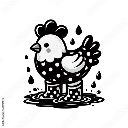 A chicken wearing polka-dot rain boots in a puddle