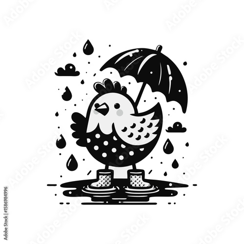 A chicken wearing polka-dot rain boots in a puddle