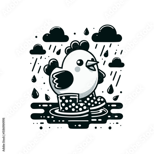 A chicken wearing polka-dot rain boots in a puddle