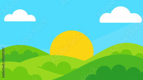 Sunny Day Background Scene Vibrant Green Hills Bathed in Sunlight