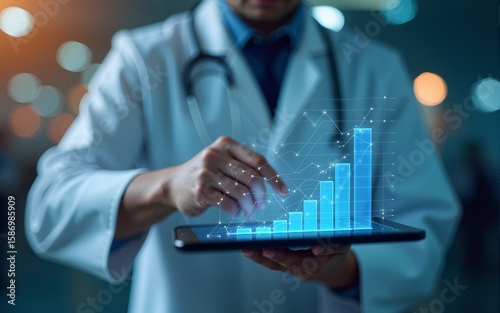 health care business graph data and growth, Medical examination and doctor analyzing medical report network connection on tablet screen. High quality