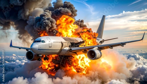 Fiery plane crash in clouds