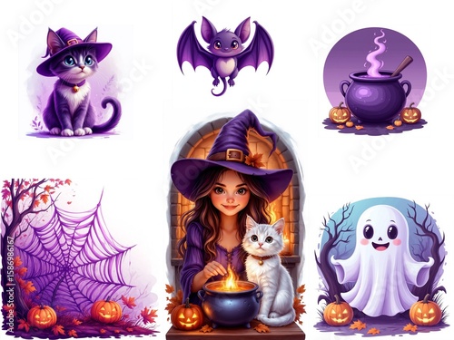 Young witch stirring potion with cat in Halloween-themed illustrations, social media decoration set 