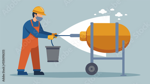 A worker spraying anticorrosion solution onto the exposed metal parts of a concrete mixer to prevent rust and prolong its lifespan.. Vector illustration