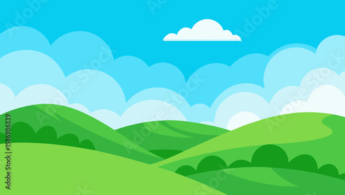 Vibrant Emerald Green Rolling Hills Under a Bright Sky and Sunlight