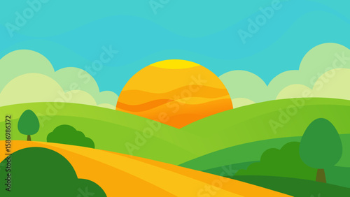 Vibrant Sun Drenched Cartoon Background of Rolling Green Hills