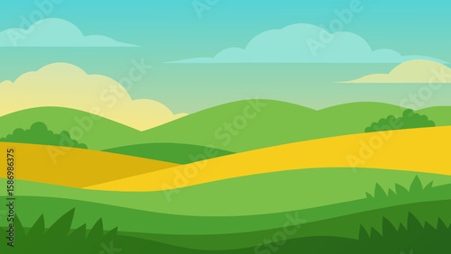 Serene Vector Landscape Under a Clear Sky with Warm Sunlight and Greenery