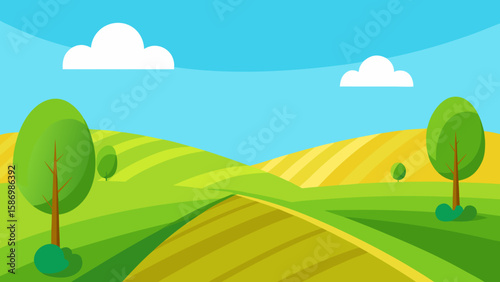 Peaceful Countryside Scene Vector Style with Wide Open Green Fields