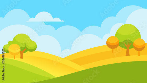 Cheerful Cartoon Landscape Background with Bright Green Hills and Charm