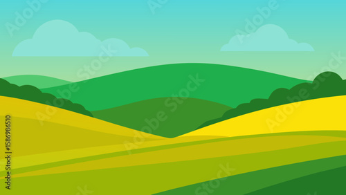 Serene Vector Landscape Under a Clear Sky with Warm Sunlight and Greenery