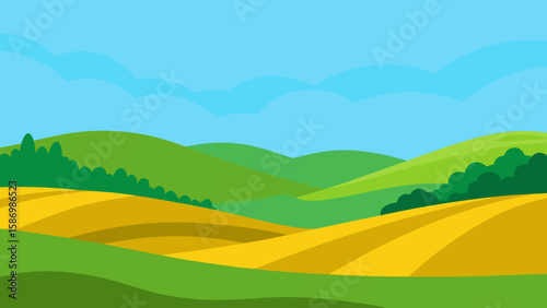 Picturesque Vector Background of Gentle Rolling Green Hills and Nature