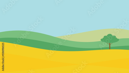 Minimalist Flat Design Background of an Open Green Field with Serenity