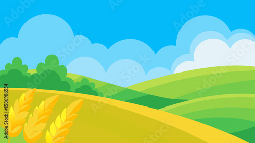 Vibrant Cartoon Background Depicting Rolling Green Hills for Any Project
