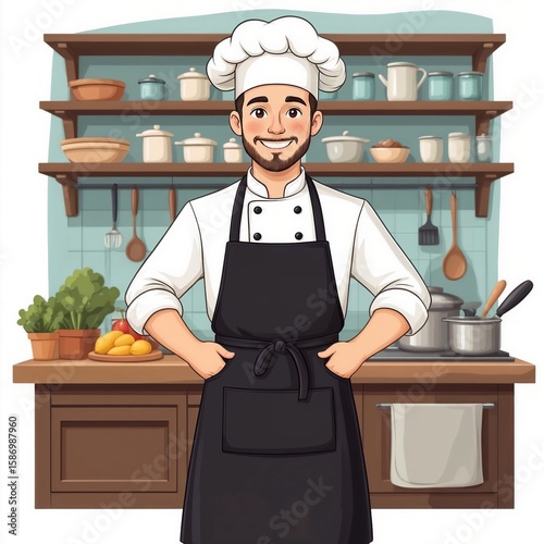Friendly chef smiling in black apron standing in a modern kitchen, let's cook together 