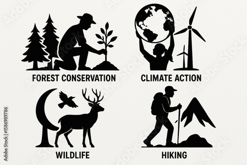 Silhouettes Highlighting Forest Conservation Climate Action Wildlife and Hiking Activities