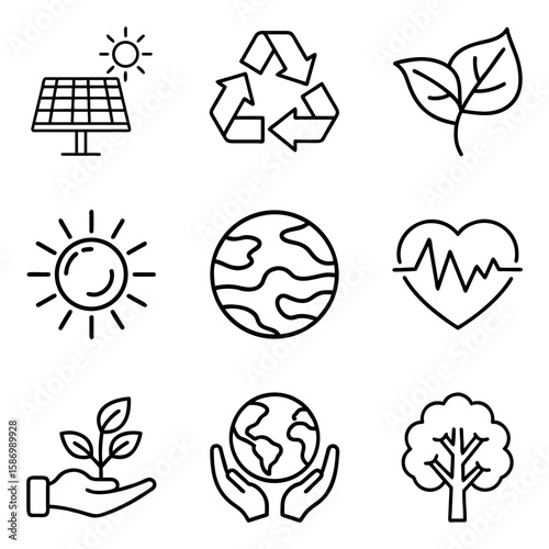 Environmental icons depicting care for the planet, sustainability, solar energy, and nature  