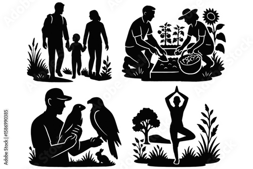 Silhouettes Representing Nature Walks Community Gardens Wildlife Protection and Outdoor Yoga