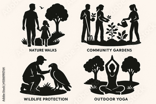 Silhouettes Representing Nature Walks Community Gardens Wildlife Protection and Outdoor Yoga
