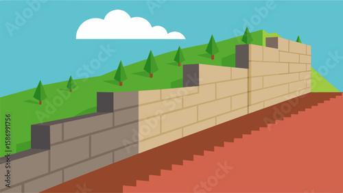 The strong and sy retaining wall is nearing completion made up of multiple layers of reinforced concrete that will keep the soil in place for years to. Vector illustration