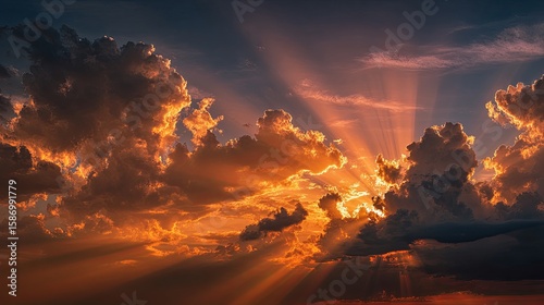 Dramatic sky filled with golden clouds glowing in radiant sunlight, intense warm tones, majestic and ethereal atmosphere, cinematic wide shot