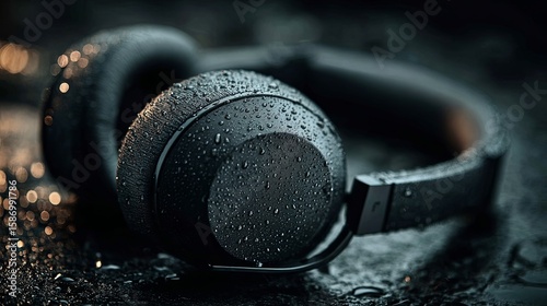 Modern black wireless headphones on a dark moody background, dramatic spotlight, sleek matte finish, premium tech aesthetic, minimal composition