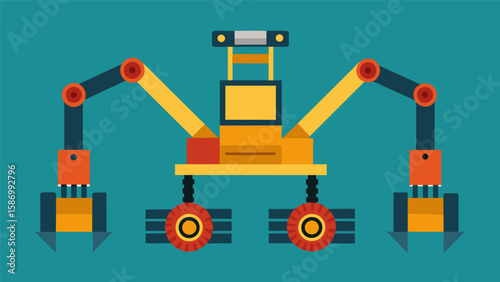 Powerful hydraulic arms extend from the sides of the machine providing additional support and stability as it moves forward.. Vector illustration