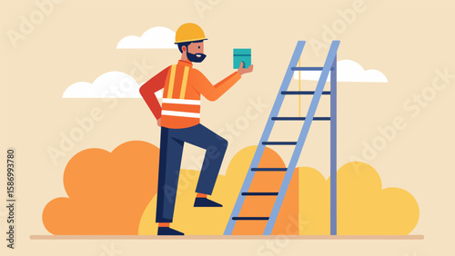 Inspecting ladders being used on site the safety officer ensures they are in good condition and correctly p to avoid any falls.. Vector illustration