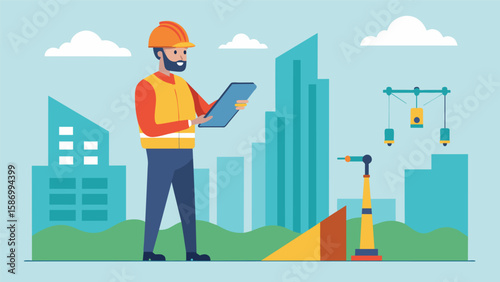 The foreman surveys the ongoing construction work with a critical eye making sure everything is being done according to plan.. Vector illustration
