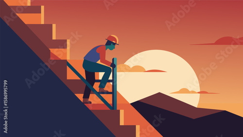 The outline of a construction worker climbing the steps of a towering structure set against the warm orange hues of a sunset symbolizing the journey. Vector illustration