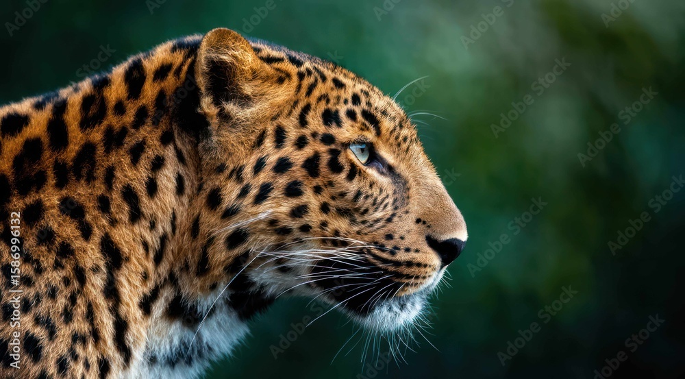 Obraz premium Leopard head portrait with striking spotted fur in profile